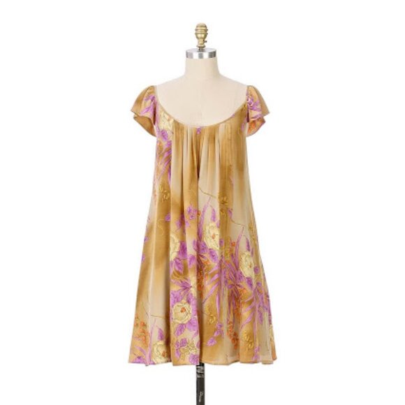 Anthropologie Gold and Purple Floral Mini Dress - Picture 1 of 7